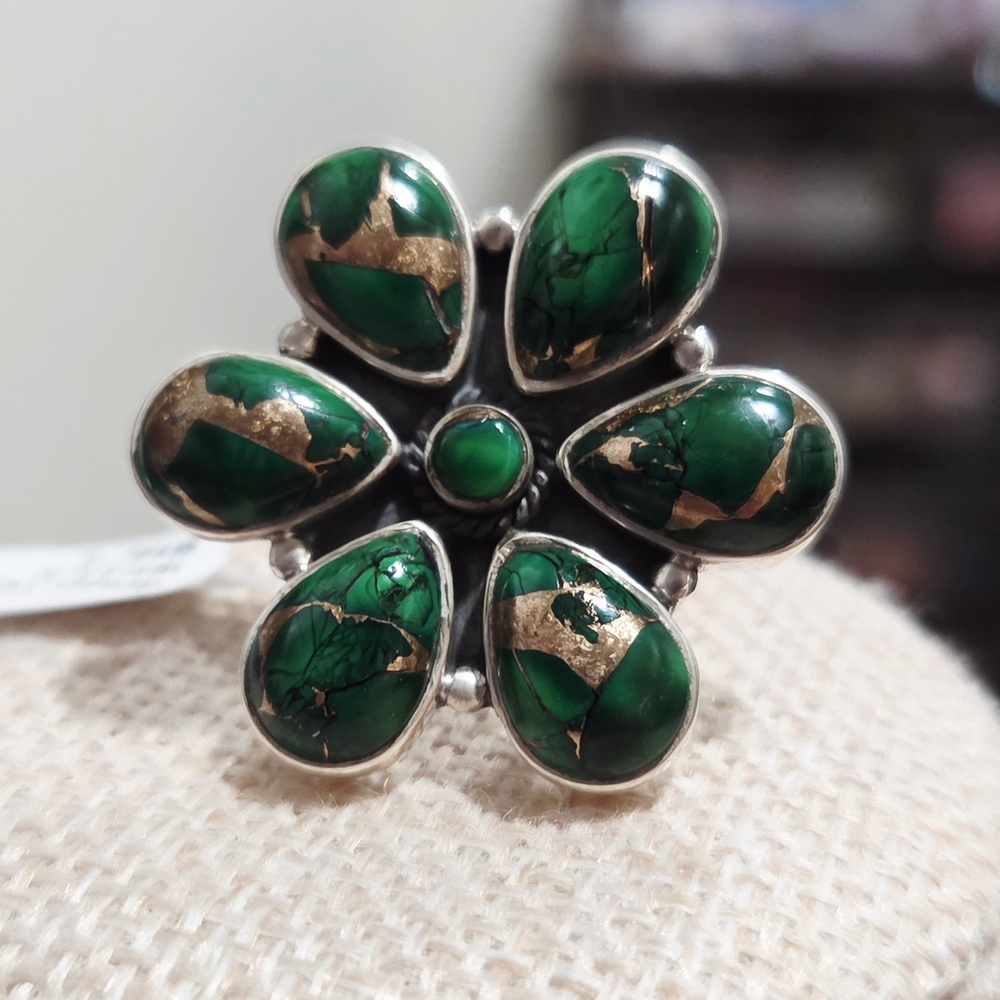 Elegant Green Dahlia Turquoise and Silver Floral Ring